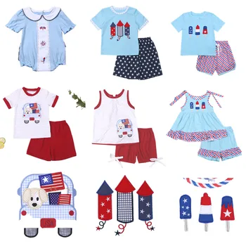 2023 Новый дизайн, летний детский комплект для девочек и мальчиков, 4 июля, детский костюм с вышивкой американского флага, одежда для малышей от 0 до 7 лет, детская одежда