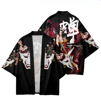 Рубашка Самурая с принтом Демона, Одежда, Традиционное Кимоно Хаори, Женщины, Мужчины, Японское Аниме, Азиатская Уличная одежда, Кардиган, Юката, Косплей