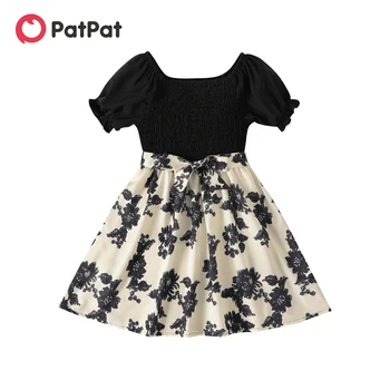 Платья PatPat Kid Для Девочек с Цветочным Принтом, Платье С коротким рукавом и Разрезом