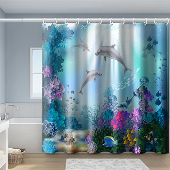 Занавеска для душа с подводным миром дельфинов, водонепроницаемая декоративная занавеска для перегородки ванной комнаты с пластиковым крючком