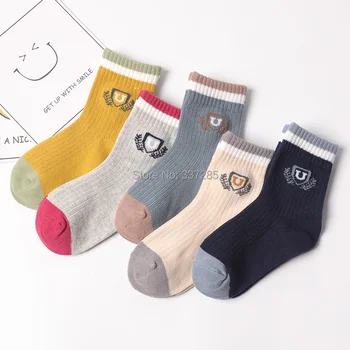 Зимние Хлопчатобумажные детские носки для маленьких девочек от 3 до 12 лет, детские теплые Носки с рисунком значка для детей, Спортивные носки Контрастных цветов для мальчиков