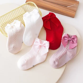 Носки Принцессы для маленьких девочек, Хлопчатобумажные сетчатые носки Для Новорожденных, Однотонные носки до Щиколотки с кружевным бантом, Мягкие аксессуары для младенцев 0-3 лет
