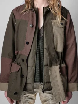 Женская куртка, комплект из двух предметов, Цветное лоскутное пальто с отложным воротником, Модное пальто из 100% хлопка