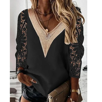Женская элегантная шифоновая рубашка с вышивкой в стиле пэчворк, открытая жаккардовая кружевная блузка с V-образным вырезом, Офисный повседневный пуловер с отстрочкой