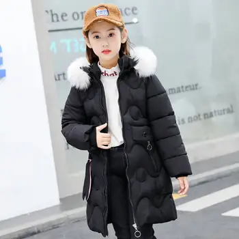 Однотонная зимняя куртка для девочек, детская одежда, теплое хлопковое пальто с меховым воротником и капюшоном, утепленная верхняя одежда, детская парка, одежда