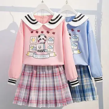 Весенне-осенний костюм для девочек, Детская одежда, юбка в японскую клетку JK и блузка, комплект из двух предметов для Студентов в опрятном стиле