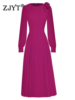 ZJYT Взлетно-посадочная полоса, Плиссированное платье с длинным рукавом для женщин, Осень 2023, Элегантные вечерние платья Миди с 3D цветочным рисунком, Праздничные платья Розово-красного цвета