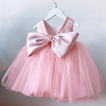Одежда для маленьких девочек на 1-й день рождения с открытой спиной и бантом, Милое детское платье для Крещения, Детское Свадебное платье, Элегантное платье Принцессы для девочек, Платье