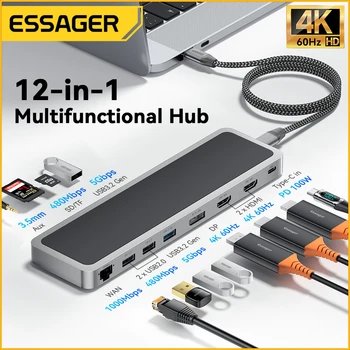 Essager 12 в 1 Концентратор USB Type C 4K 60HZ Док-станция для ноутбука, совместимый с HDMI DP RJ45 SD TF Для MacBook Air Pro, адаптер-разветвитель