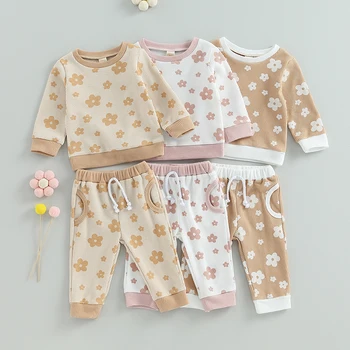 Осенняя одежда для маленьких девочек, Повседневные топы с длинными рукавами и эластичными штанами с цветочным принтом, Комплекты одежды из 2 предметов для Новорожденных