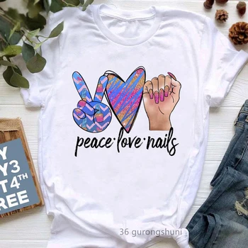 Летняя мода, Новейшая футболка Peace Love Nails с графическим принтом, Женская футболка с ярким блестящим макияжем, Женская футболка, женские топы