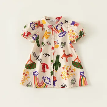 2023 AncoBear Летнее платье с принтом для корейских девочек, детские однобортные платья-рубашки с цветочным рисунком, детские винтажные платья нишевого дизайна