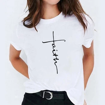 Футболка с принтом Faith, женская летняя одежда в стиле Эстетического Искусства с коротким рукавом, простая футболка в стиле Харадзюку, Уютные блузки с круглым вырезом, уличная одежда