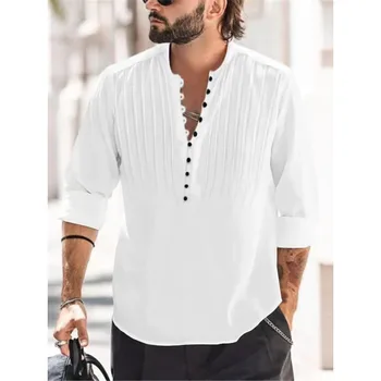 2023 Новая Мужская Льняная Дышащая рубашка в складку с длинным рукавом, Однотонная Повседневная Базовая Хлопчатобумажная Льняная рубашка, Топы, рубашка из конопли для мужчин