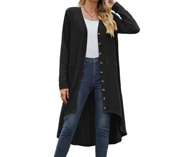 Куртка для женщин 2023, осенне-зимняя модная новая однотонная Свободная куртка-кардиган с длинными рукавами и карманами на пуговицах