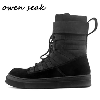 Мужская обувь Owen Seak, высокие ботинки, Кроссовки из натуральной кожи, Роскошные кроссовки, Зимние ботинки, Повседневная черно-белая обувь на плоской подошве на шнуровке