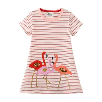 Прыжковые метры, Детские платья Принцессы с вышивкой Фламинго для девочек, Летние Платья в полоску с коротким рукавом для малышей, Костюм для девочек