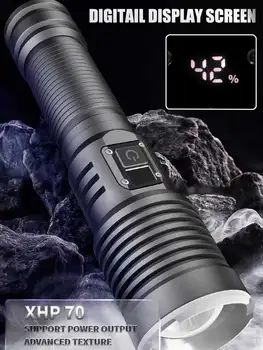 Мощный светодиодный фонарик XHP70 с цифровым дисплеем, USB Перезаряжаемый фонарь для кемпинга, рыбалки, Водонепроницаемые зум-фонари