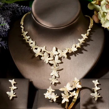 Модные роскошные ожерелья с дизайном бабочки, наборы для женщин, 4 шт., золотой цвет, кубический цирконий, Женский свадебный ювелирный набор для новобрачных N-1873