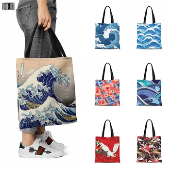 Новая холщовая сумка для покупок в японском стиле Ukiyoe, сумка для женщин, Повседневная сумка для девочек, Многоразовая сумка для бакалеи Большой емкости