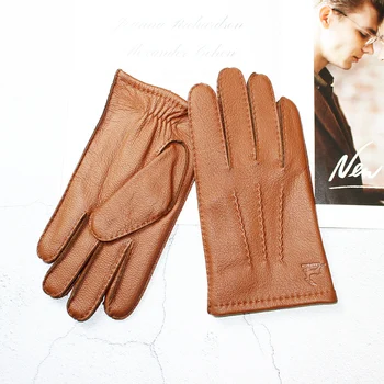 Кожаные перчатки из оленьей кожи, мужская шерстяная подкладка, сшитая вручную, модный стиль в полоску, теплая осень и зима, коричневый сенсорный экран с раздельными пальцами