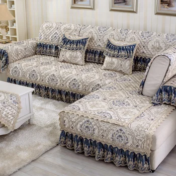 Синий Роскошный хлопковый льняной чехол для дивана, Высококачественное Кружевное жаккардовое полотенце для дивана, нескользящая подушка, наволочка для спинки, Комплект для дивана в гостиной