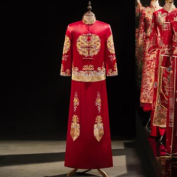 Винтажный мужской костюм с вышивкой дракона высокого качества в стиле Тан, Одежда для Тостов в китайском стиле, Традиционное свадебное платье Жениха