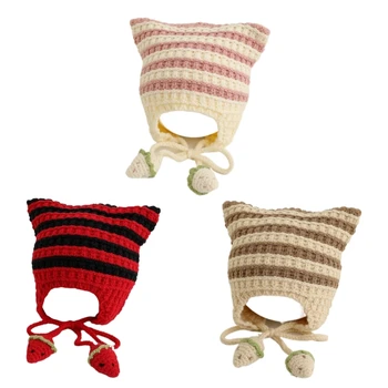 Модная вязаная шапка в полоску с ушками, дизайнерская детская зимняя теплая шапочка для младенцев