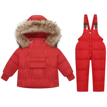 Лыжный Костюм для маленьких мальчиков и девочек из 2 предметов, Зимнее пальто, Пуховик с капюшоном, Лыжный нагрудник и зимние брюки, Комплект одежды из двух предметов