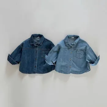 Осенние новые Детские рубашки с длинным рукавом и лацканами, Однобортный джинсовый кардиган для младенцев, модная винтажная повседневная куртка для мальчиков и девочек