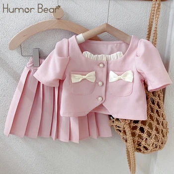 Humor Bear/ 2023, Новая Летняя Одежда Для девочек, Розовый комплект, Топ + плиссированная юбка, 2 предмета, Повседневный комплект в Женском стиле, Детская одежда для детей от 3 до 7 лет