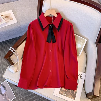 2023, Новые модные весенне-летние Рубашки с бантом Для женской одежды, Свободные топы, Красная блузка с длинным рукавом fp868