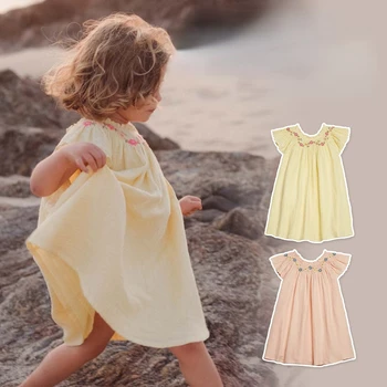 Детские платья 2023, Летнее повседневное платье Принцессы с летящими рукавами и вышивкой в стиле ретро для девочек в этническом стиле
