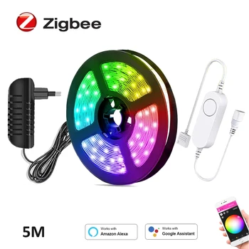 Мини Tuya Zigbee 12 В 4в1 RGBWW RGBW 5050SMD Светодиодные Ленты 5 М 10 М Украшение Комнаты Лампа Smart Life Приложение Голосовое Управление Alexa Echo
