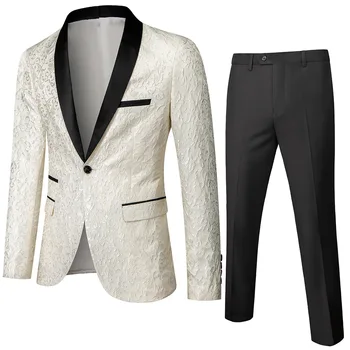 Белый жаккардовый смокинг, мужской костюм для вечеринки, банкета, красный костюм из 2 предметов, для свадебного ухода, приталенный блейзер и брюки