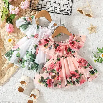 Платье из Шифона PatPat для маленьких девочек с цветочным Принтом и Оборками на открытых плечах