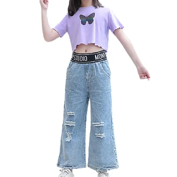 Одежда для девочек в стиле хип-хоп, джазовые костюмы, детская футболка, укороченный топ + рваные джинсовые брюки, комплекты из 2 предметов, летняя детская одежда для девочек
