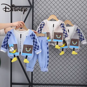 Детская одежда Disney 2023, Новые спортивные костюмы для мальчиков, пальто с Дональдом Даком, Модная одежда из трех предметов для маленьких девочек