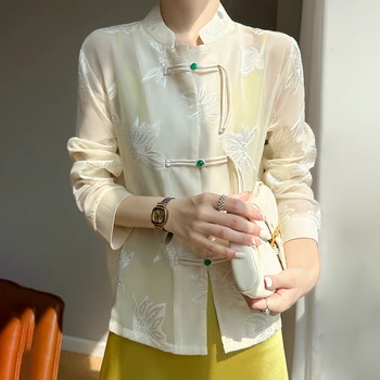 Женская жаккардовая рубашка на пуговицах в китайском стиле в стиле Ретро, костюм Танг, куртка Весна/Лето 2023, Новая шифоновая защита от солнца с длинными рукавами