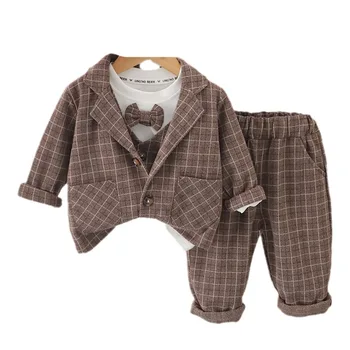 Новый весенне-осенний костюм для малышей, повседневное пальто для мальчиков, футболка, брюки, 3 шт./компл., костюм джентльмена для малышей, детские спортивные костюмы