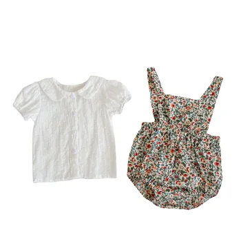 Летний комплект одежды для новорожденных девочек, белая рубашка с короткими рукавами и комбинезон с цветочным принтом, Костюм из 2 предметов, повседневная одежда для маленьких девочек