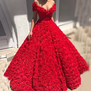 Роскошное Красное платье для выпускного вечера 2023 года с V-образным вырезом и открытыми плечами, Пышное Кружевное Платье с 3D Цветами, Вечерние Платья Для Помолвки, Vestidos De Fieast