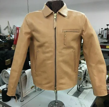 Мужская Кожаная куртка Бежевого цвета, байкерская Мотоциклетная куртка из натуральной овечьей кожи, пальто