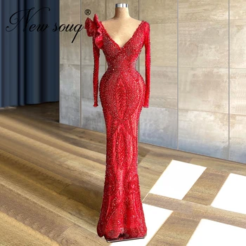 Новейшие вечерние платья с красными бисерными кристаллами, арабское официальное длинное праздничное платье, платья знаменитостей, вечернее платье для Выпускного вечера на Ближнем Востоке
