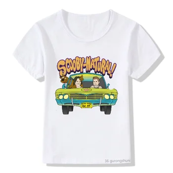 Детская летняя футболка с короткими рукавами для девочек и мальчиков с принтом человека-собаки и таинственной машины, забавная детская одежда
