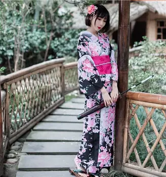 Розовое традиционное японское кимоно Женское платье цвета вишни Винтажное с поясом длиной 135 см Весеннее платье