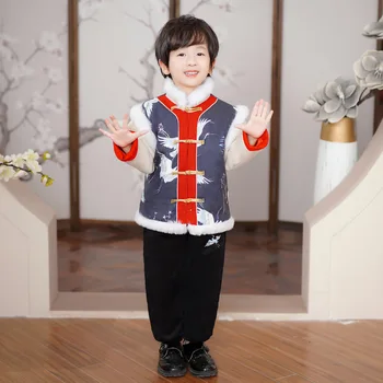 Qipao Hanfu/Осенне-зимние комплекты для детей в китайском стиле, теплое детское платье, Новогодние брюки с длинными рукавами, костюм эпохи Тан