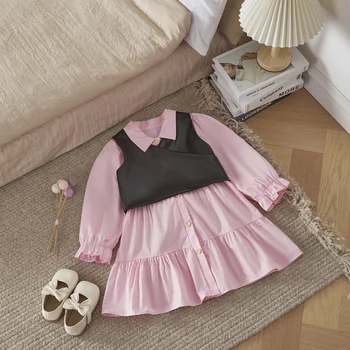Listenwind/Весенне-осенний комплект одежды для девочек от 1 до 6 лет, Розовое платье миди с длинным рукавом и Отворотом, Жилет из искусственной кожи с бантом