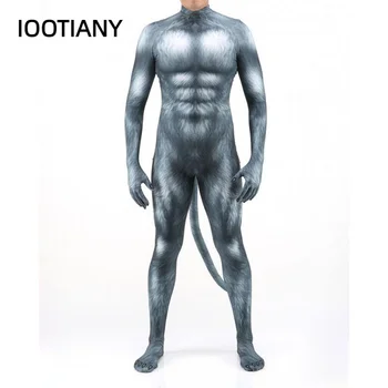 IOOTIANY, высококачественный комбинезон с леопардовым принтом, мужские костюмы для косплея с персонажами Wetlook, Боди на Хэллоуин, Необычный Зентай с хвостом