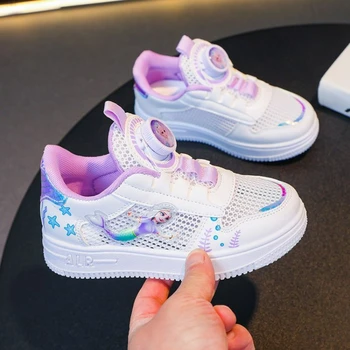Белые Сетчатые туфли Disney для девочек; Летняя Детская Спортивная обувь с вращающимися Пуговицами; Повседневная Дышащая Обувь Принцессы Эльзы Розового Фиолетового Цвета